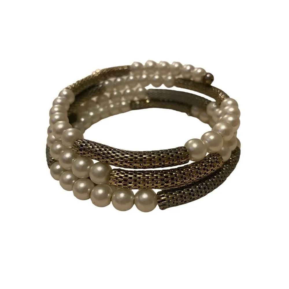 Vintage Bracelet Gold Tone White Faux Pearl Beads Wrap Cuff